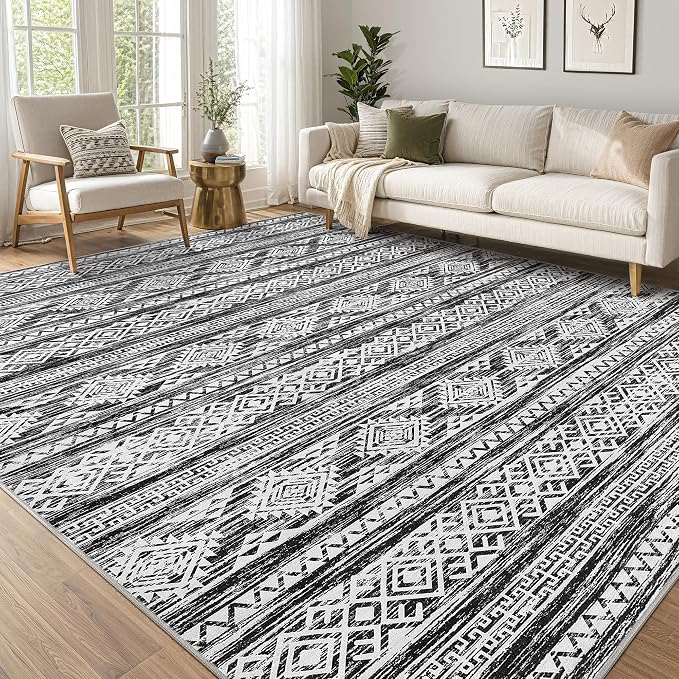 Tortania Area Rug Living Room Rugs - 12x18 Washable Large Soft Neutral Boho Moroccan Bohemian Farmhouse Rug Indoor Floor Carpet for Bedroom Under Dining Table Home Office Decor - Black White