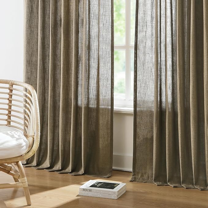 Vision Home Brown Pinch Pleated Light Filtering Curtains with Microfiber Liner 112 inch Linen Blended Textured Privacy Drapes for Living Room Bedroom Back Tabs with Hooks 2 Panels 40" Wx112 L
