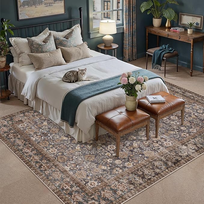 HUGEAR 8x10 Machine Washable Rugs Tradition Brown Hallway Large Area Rug Indoor Accent Rug Floral Low Pile Carpet Soft Throw Aesthetic Rug Bedroom Living Room Office Dining Room Kitchen Laundry Room