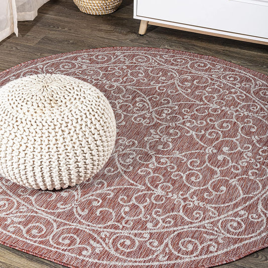 JONATHAN Y Vintage Filigree Indoor Outdoor Round Area Rug 5 Ft Red/Beige, Charleston Textured Weave for Backyard, Patio, Porch, Easy-Cleaning, High Traffic, Pet-Friendly, Non-Shedding (SMB106B-5R)
