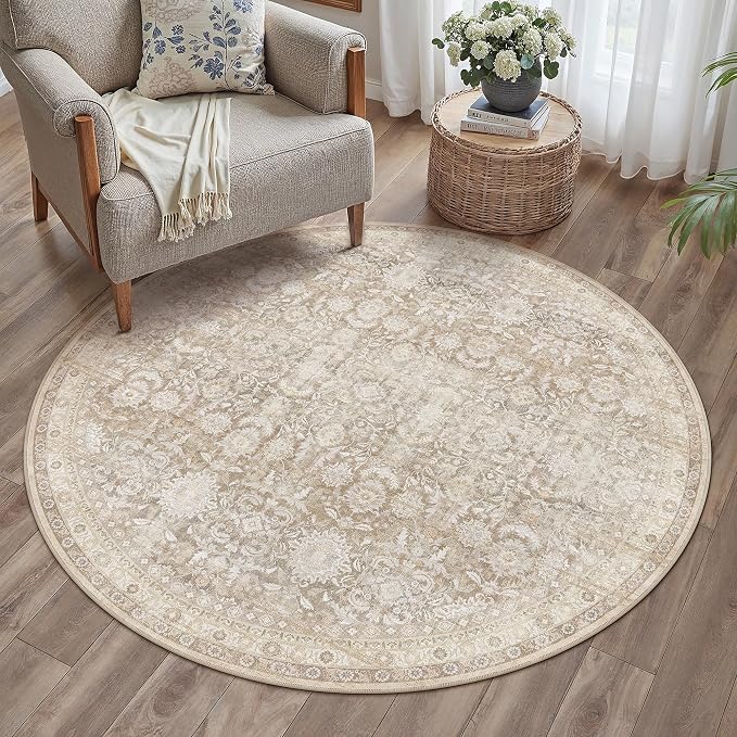 5R Beige Washable Neutral Area Rug for Living Room Floral Non Slip Low Pile Round Rug Indoor Vintage Traditional Stain Resistant Distressed Carpet Bedroom Nursery Classroom Office Playroom