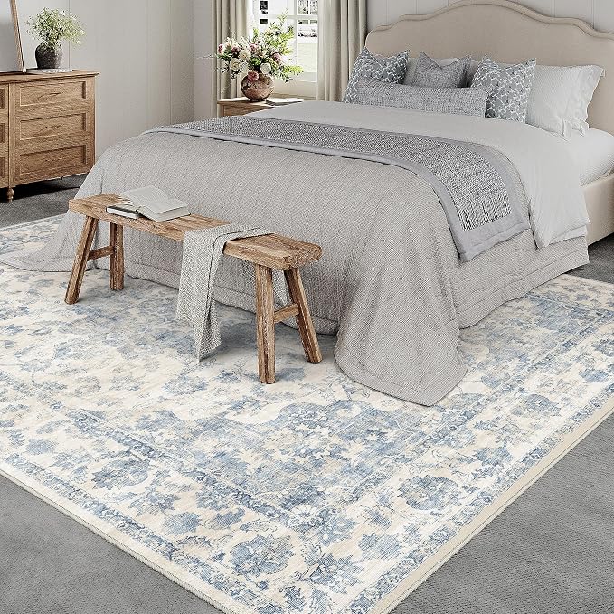 6x9 Washable Neutral Area Rug Blue Vintage Living Room Bedroom Carpet Non-Slip Soft Low Pile Farmhouse Indoor Throw Rug for Dining Room Entryway Office