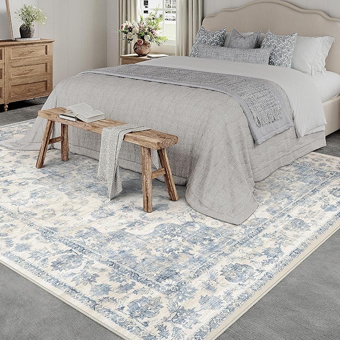 9x12 Neutral Area Rug Blue Vintage Living Room Bedroom Washable Carpet Non-Slip Soft Low Pile Farmhouse Indoor Large Throw Rug for Dining Room Office
