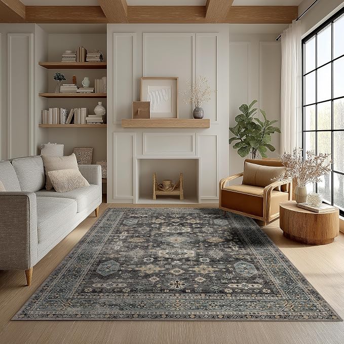Ruaruarug Washable Area Rug 4x6 for Living Room, Bedroom, Ultra Soft Non Slip Stain & Fade Resistant, Pet & Kids Friendly, Suitable for High Traffic Areas Easy to Clean for Office Kitchen, Silver