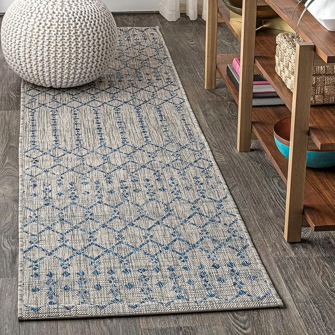 JONATHAN Y Moroccan Geometric Indoor Outdoor Runner Rug 2X14 Light Gray/Navy, Ourika Textured Weave for Backyard, Patio, Porch, Easy-Cleaning, High Traffic, Pet-Friendly, Non-Shedding (SMB108A-214)
