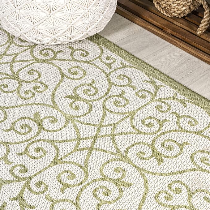 JONATHAN Y Vintage Filigree Indoor Outdoor Square Area Rug 5X5 Green/Cream, Madrid Textured Weave for Backyard, Patio, Porch, Easy-Cleaning, High Traffic, Pet-Friendly, Non-Shedding (SMB107H-5SQ)