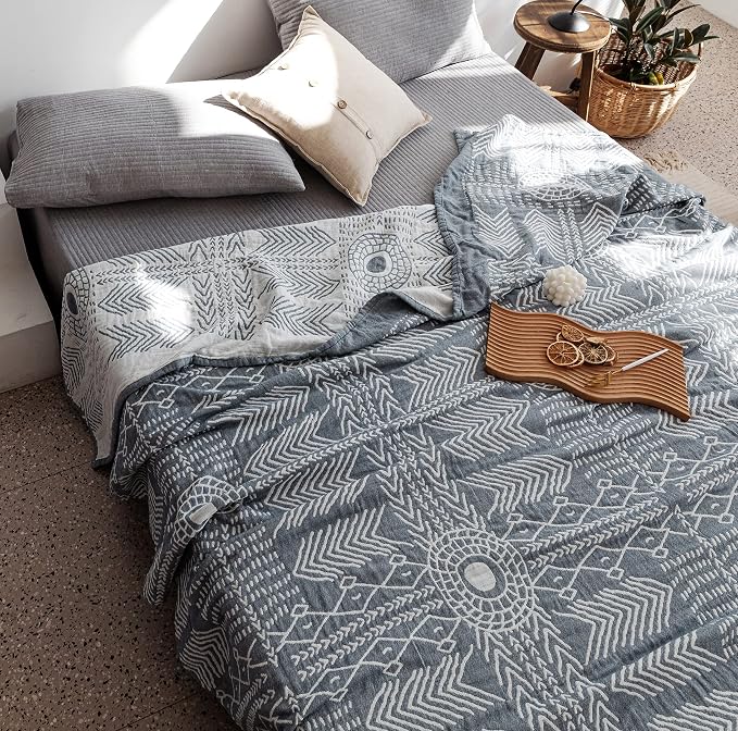 MEJU Indian Bohemia Muslin Summer Boho Blanket Throw for Bed Sofa Couch, 100% Combed Cotton 3 Layer Soft Warm Quick Dry Throw Blanket Bed Coverlet (Boho, F/Q 80 in X 90 in