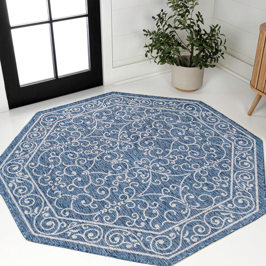 JONATHAN Y Vintage Filigree Indoor Outdoor Octagon Area Rug 8 Ft Navy/Gray, Charleston Textured Weave for Backyard, Patio, Porch, Easy-Cleaning, High Traffic, Pet-Friendly, Non-Shedding (SMB106D-8TGN)