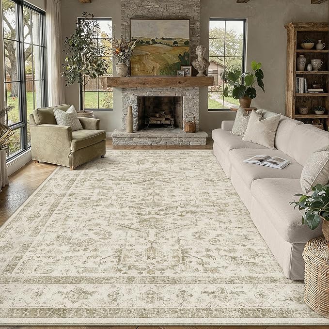 PureCozy Taupe 8x10 Area Rug Vintage Washable Living Room Carpet Non Slip Bedroom Indoor Office Low Pile Large Traditional Distressed Retro Accent Rug for Dining Room Bathroom Kitchen