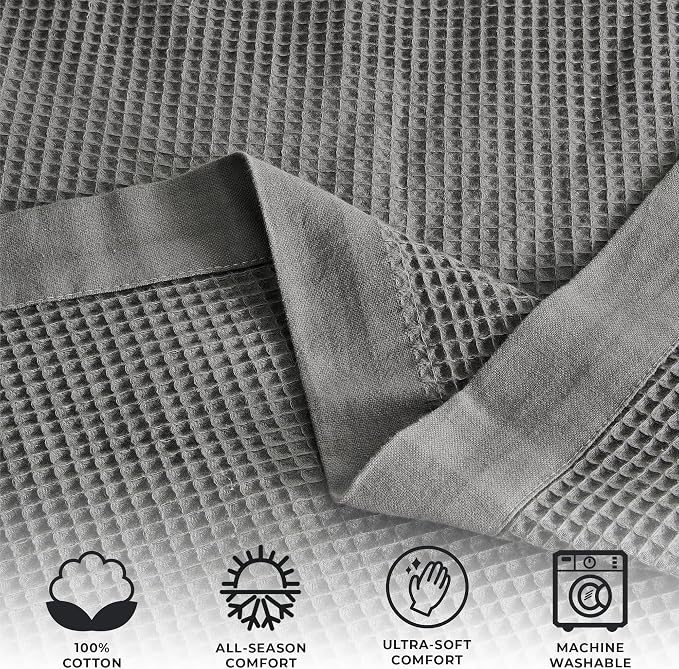Great Bay Home 100% Cotton Blanket for Full/Queen Size Bed | Lightweight and Breathable Waffle Weave Blankets for Summer & Spring | Versatile, Layering Grey Bed Blanket, Light Grey, 90x90 inches