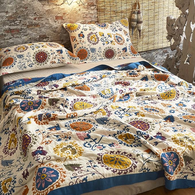 MEJU Bohemia Mandala Boho Paisley Southwest Datura Flower Throw Blanket for Bed Sofa Couch, 100% Combed Cotton 4 Layer Soft Warm Quick Dry Reversible Throw Blanket Bed Coverlet Sheet F/Q 80 in x 90 in