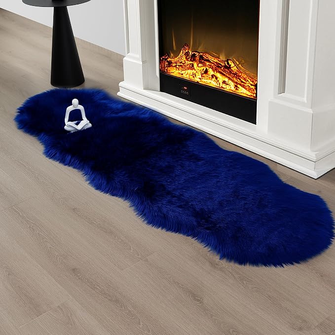 Faux Fur Sheepskin Runner Rug Royal Blue 2x6 ft Ultra Soft Shaggy Plush Fluffy Fuzzy Area Carpet Decorative Chair Cover Floor Mat for Bedroom Sofa Living Room Bedside