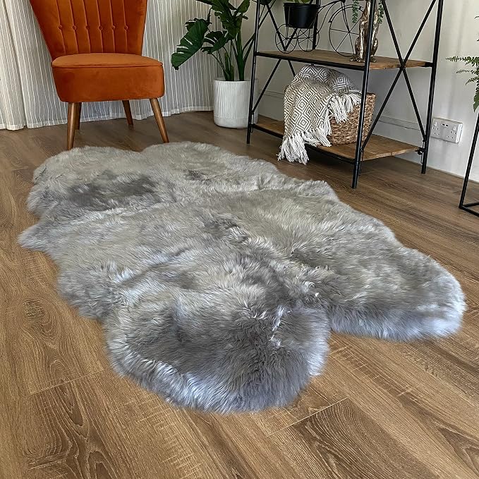 HUAHOO Premium Genuine Sheepskin Rug Grey Real Australia Sheepskin Natural Luxury Fluffy Lambskin Fur Area Rug Seat Covers for Kids Bedroom Sofa Chair Cover Quarto Pelt/4' x 6' Silver Grey