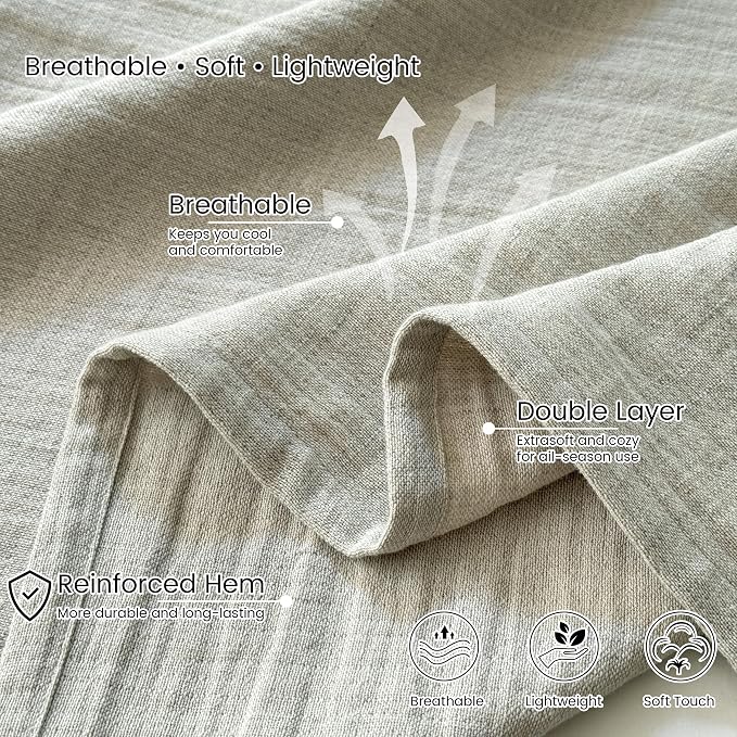 Simple&Opulence Linen Cotton Blanket with Double Layered Folded Edge for Couch/Bed/Sofa/Gift, Natural Flax Solid Color Soft Breathable Cozy Farmhouse Home Décor - Linen, 90"x90"