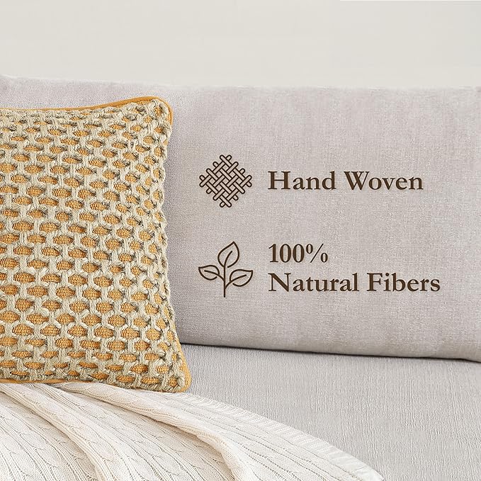 Boho Living Jada Premium Woven Design, Decorative Throw, Living Room Décor, (2) 20" x 20" Pillow Covers, Mustard Yellow 2 Count