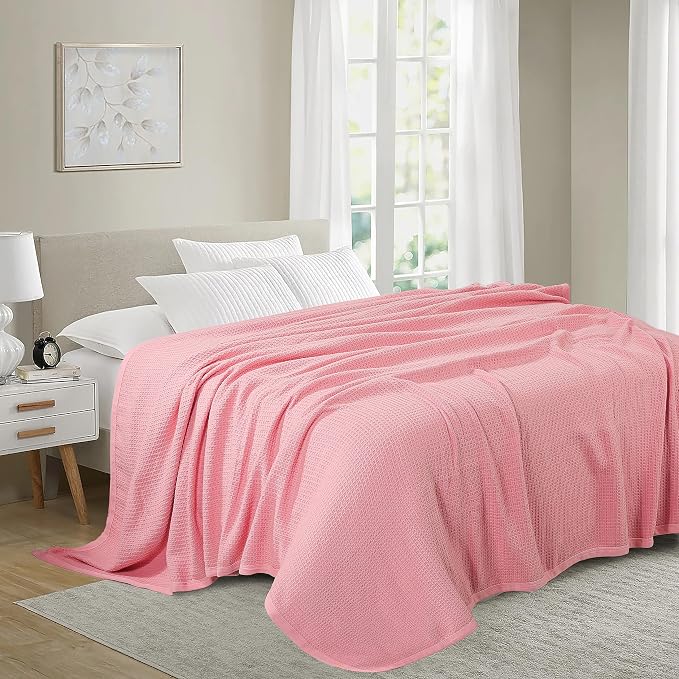 TreeWool Premium 100% Cotton Waffle Summer King Blanket (90"x108", Pink) | 420 GSM Breathable Lightweight Moisture Wicking Soft Knit Thermal Blanket for Bed or Sofa All-season Comfort Machine Washable