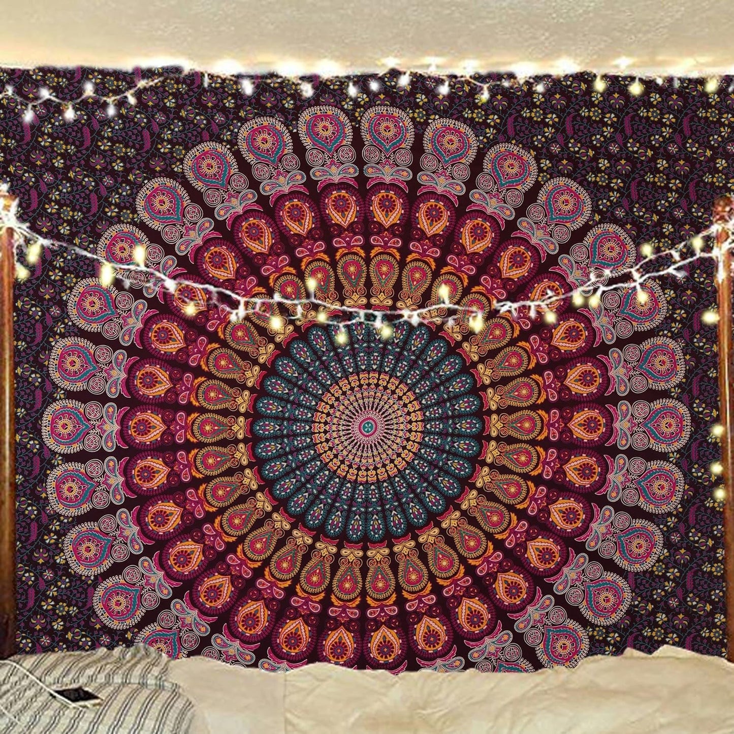 Bless International Handmade Indian hippie Bohemian Psychedelic Peacock Mandala Wall hanging College Dorm Beach Throws Table Cloth Bedding Tapestry (Golden Pink Blue, King(88x104Inches)(225x265Cms))