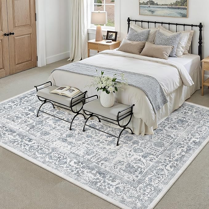 PureCozy Navy Blue Area Rug 10x12 Machine Washable Large Vintage Living Room Distressed Non Slip Carpet Traditional Indoor Bedroom Retro Floral Accent Throw Rug for Office Kitchen Dining Room