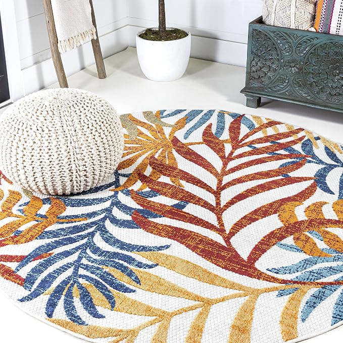 JONATHAN Y Tropics Palm Indoor Outdoor Round Area Rug 6 Ft Cream/Orange | Ships Rolled, Durable Flat Weave, Lays Flat for Backyard, Patio, Porch, Easy-Cleaning, High Traffic,Pet-Friendly,Non-Shedding