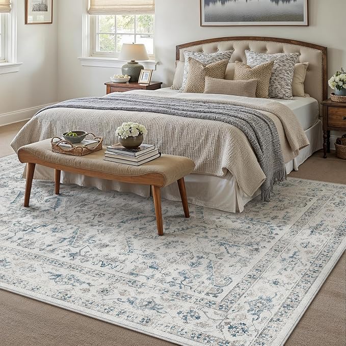PureCozy Blue 8x10 Area Rug Vintage Washable Living Room Carpet Non Slip Bedroom Indoor Office Low Pile Large Traditional Distressed Retro Accent Rug for Dining Room Bathroom Kitchen