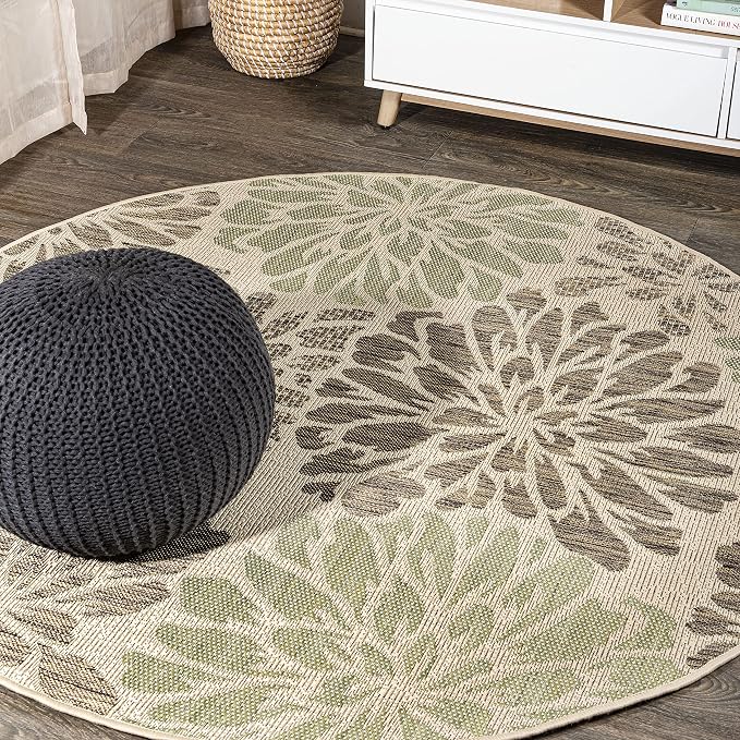 JONATHAN Y Floral Textured Weave Indoor Outdoor Round Area Rug 4 Ft Sage/Brown, Zinnia Modern for Backyard, Patio, Porch, Easy-Cleaning, High Traffic, Pet-Friendly, Non-Shedding (SMB110A-4R)