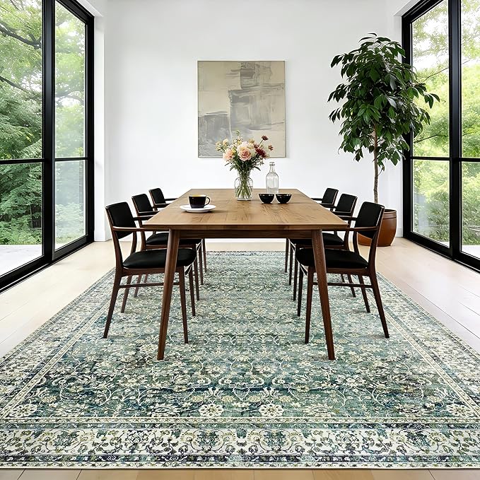 BILEEHOME Blue and Green 6x9 Area Rugs for Bedroom Low Pile Soft Moody Floral Rug with Non Slip Washable Boho Vintage Oriental Indoor Carpet for Living Room Dining Room,Hunter Forest Green/Teal