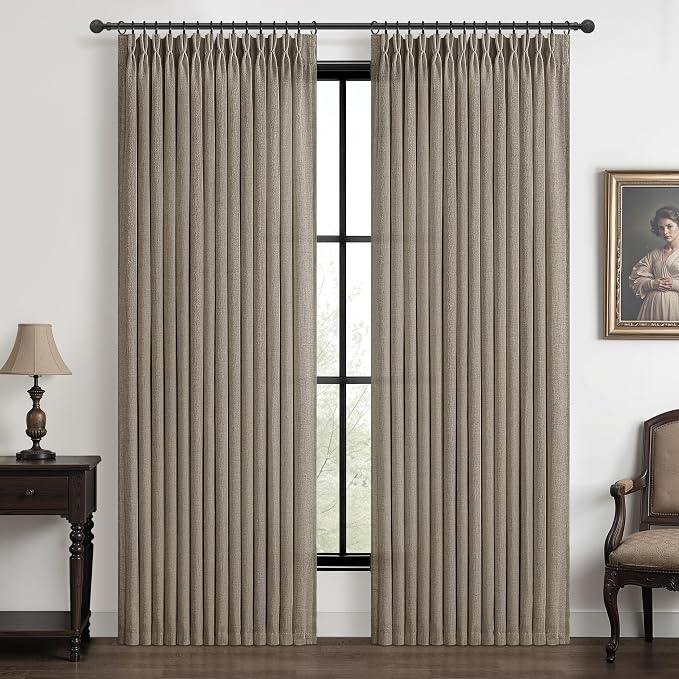 Dark Flax Linen Sheer Curtains 84 Inches Long 60 Inch Wide for Living Room, Memory Shape Pinch Pleated Light Filtering Semi Through Drapes 84 Inch Length 2 Panels Dining Room Cottage Core Windows Burg