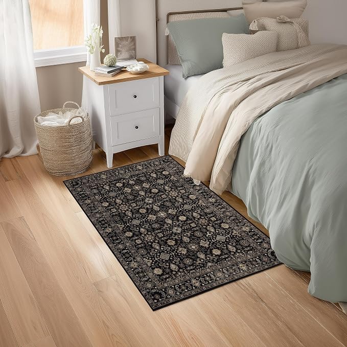 Ruaruarug Washable Area Rug 2x3 for Kitchen Entryway Living Room Bedroom, Ultra Soft Non Slip Stain & Fade Resistant, Pet & Kids Friendly, Suitable for High Traffic Areas Easy to Clean, Black Gold