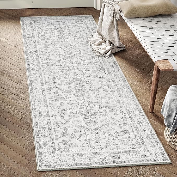 PureCozy Grey 2x8 Runner Rug Vintage Area Carpet Hallway Indoor Kitchen Washable Low Pile Traditional Distressed Retro Accent Throw Rug Non Slip for Laundry Bathroom Office