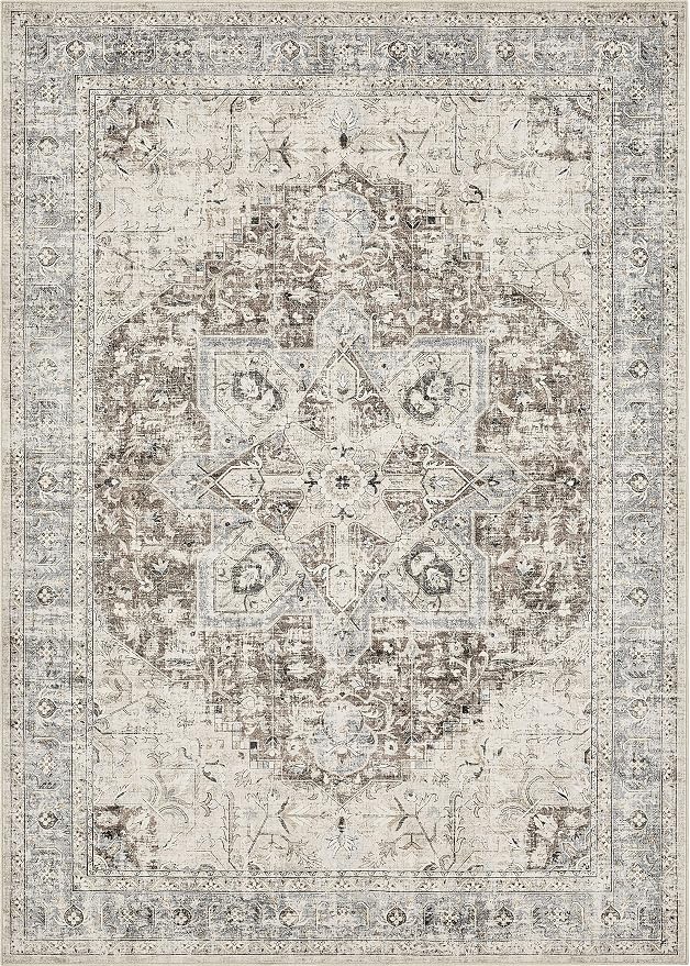 Tortania Area Rug Living Room Rugs - 10x14 Washable Boho Rug Vintage Oriental Distressed Farmhouse Large Thin Indoor Carpet for Living Room Bedroom Under Dining Table Home Office - Brown Blue