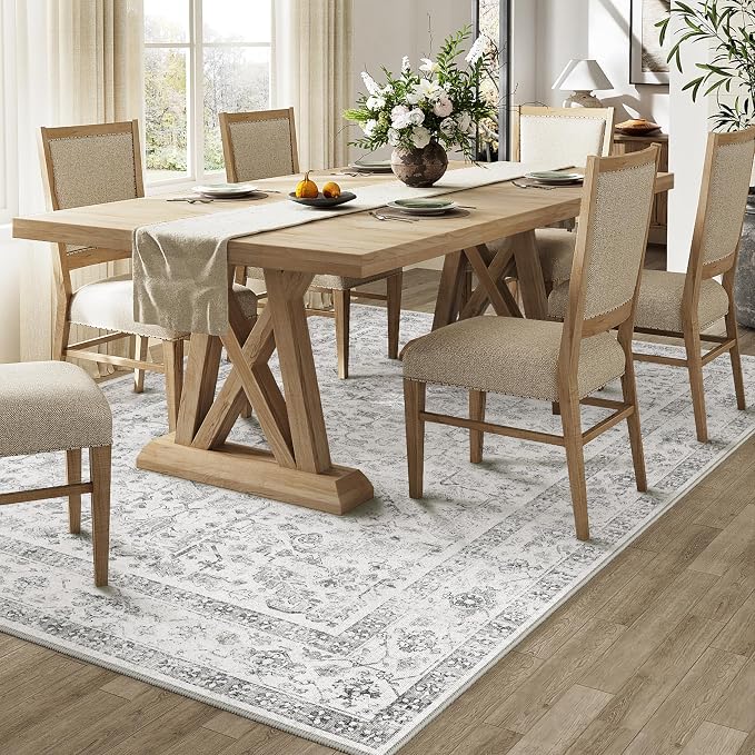 PureCozy Grey 6x9 Area Rug Vintage Washable Living Room Carpet Non Slip Bedroom Indoor Office Low Pile Large Traditional Distressed Retro Accent Rug for Dining Room Bathroom Kitchen