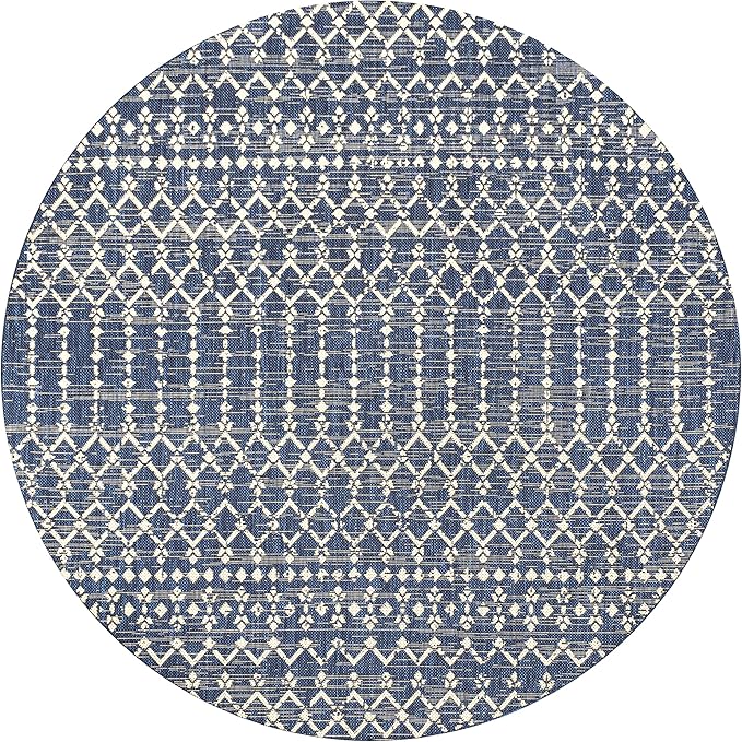 JONATHAN Y Moroccan Geometric Indoor Outdoor Round Area Rug 4 Ft Navy/Beige, Ourika Textured Weave for Backyard, Patio, Porch, Easy-Cleaning, High Traffic, Pet-Friendly, Non-Shedding (SMB108K-4R)