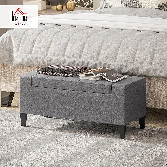 HOMCOM Storage Ottoman, Linen Upholstered Storage Bench with Lift Top and Button Tufted for Living Room, Gray