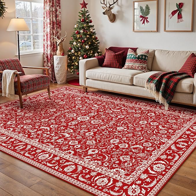 HUGEAR Vintage 5x7 Machine Washable Rugs Red Hallway Area Rug Indoor Accent Rug Floral Low Pile Carpet Soft Throw Aesthetic Rug Bedroom Living Room Office Dining Room Kitchen Laundry Room Non Slip
