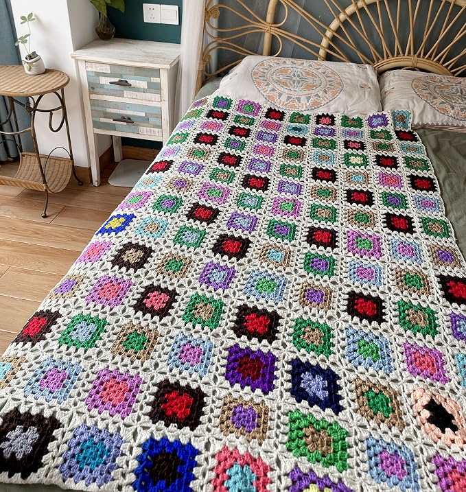 RISEON Handmade Granny Square Crochet Throw Blanket Sweater Style Mat, crochet quilt, multicolor Boho Travel Accent Decor Throw for Sofa Comforter Couch Bed Recliner Living Room Bedroom (White)