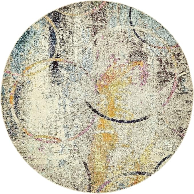 Unique Loom Chromatic Collection Modern Rustic & Vibrant Abstract Area Rug For Any Home Décor (8' 0 x 8' 0 Round, Beige/ Blue)