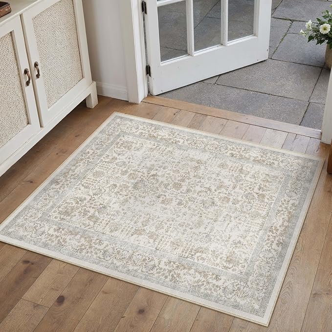 PureCozy Taupe Entryway Area Rug 2x3 Door Mat Machine Washable Kitchen Vintage Distressed Non Slip Carpet Indoor Retro Floral Accent Throw Small Rug for Bathroom Office Bedroom Dining Living Room