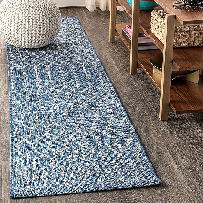 JONATHAN Y Moroccan Geometric Indoor Outdoor Runner Rug 2X20 Navy/Light Gray, Ourika Textured Weave for Backyard, Patio, Porch, Easy-Cleaning, High Traffic, Pet-Friendly, Non-Shedding (SMB108B-220)