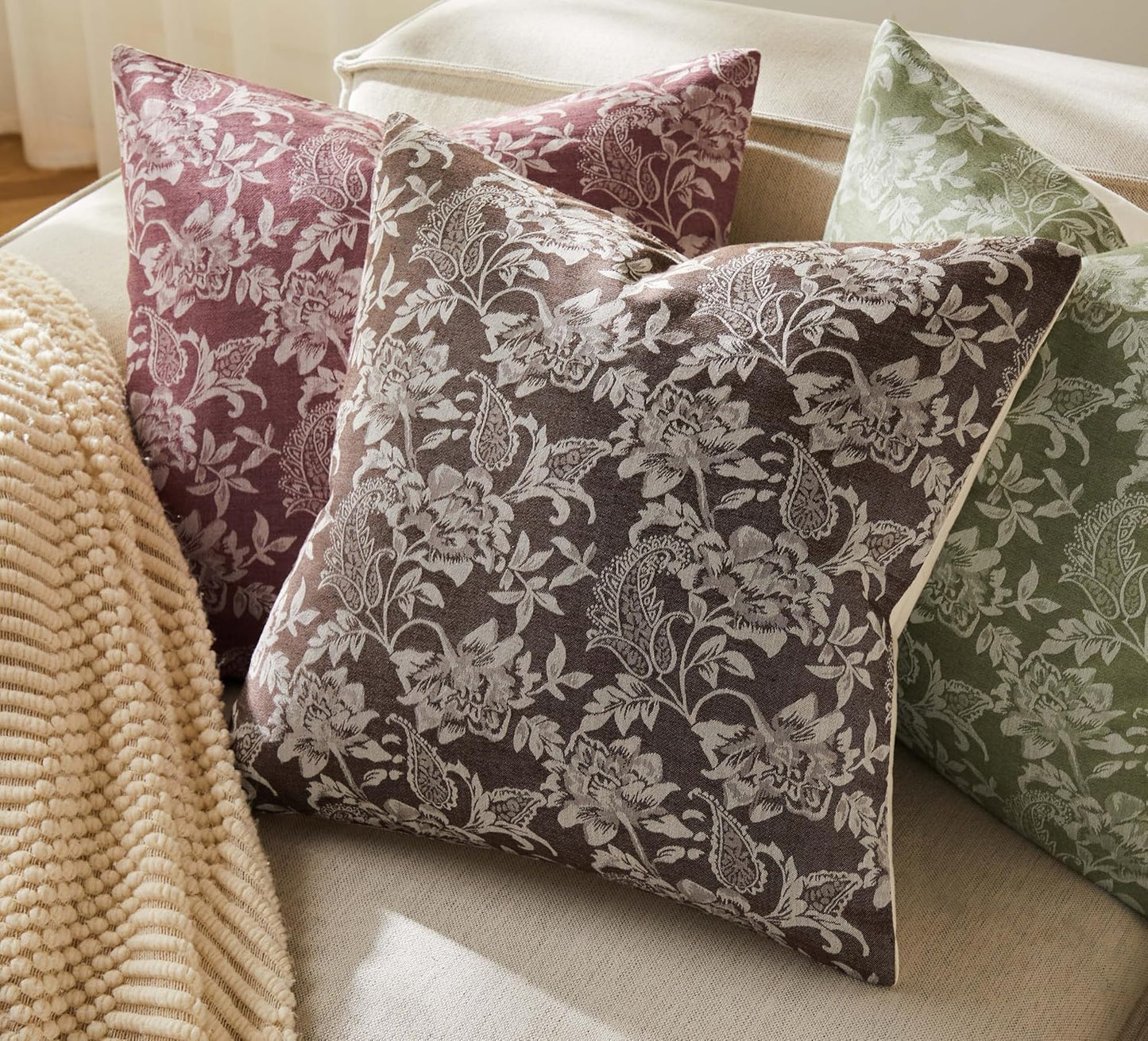 Floral Jacquard Throw Pillow Covers Set of 2, Background/Chocolate 24x24 Inch, Farmhouse Decorative Cotton Dark Brown Cushion Covers for Sofa Bed Living Room Home Decor