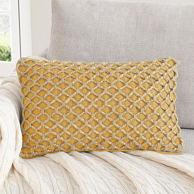 Boho Living Jada Premium Woven Design, Decorative Throw, Living Room Décor, (1) 12" x 20" Pillow Cover with Insert, Mustard Yellow