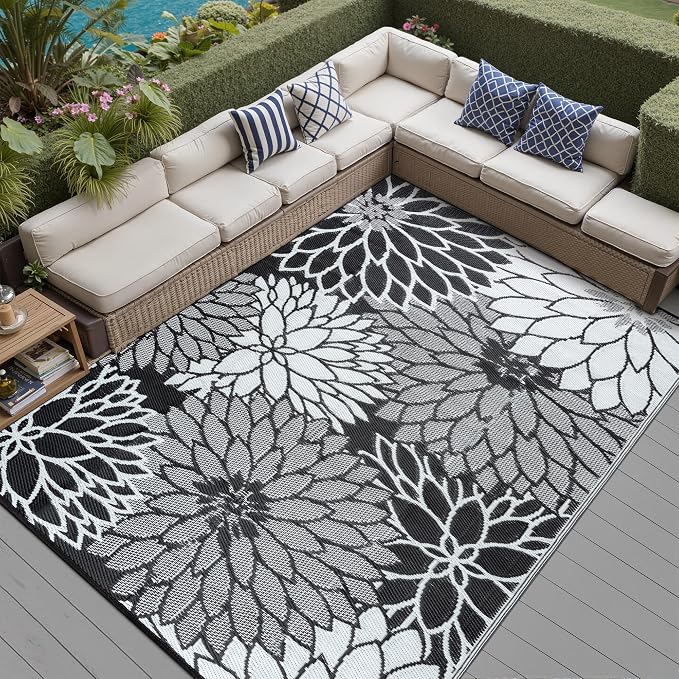 HUGEAR 8'x10' Outdoor Rug Waterproof Plastic Straw Rugs Large Black Reversible Floral Mat Floor Carpet for Camping RV Deck Entryance Porch Picnic Balcony Beach Backyard