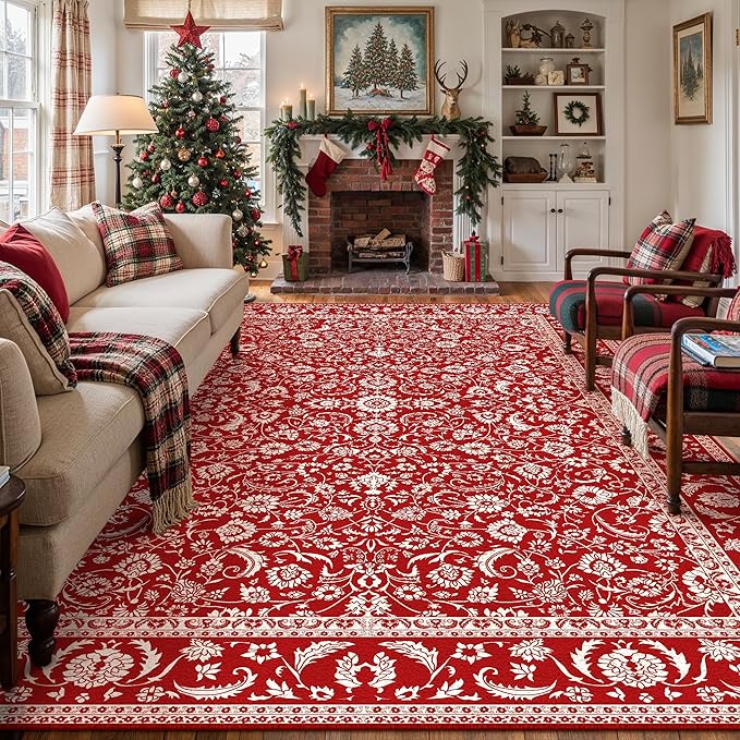 HUGEAR Vintage 8x10 Machine Washable Rugs Red Hallway Large Area Rug Indoor Accent Rug Floral Low Pile Carpet Soft Throw Aesthetic Rug Bedroom Living Room Office Dining Room Kitchen Laundry Room