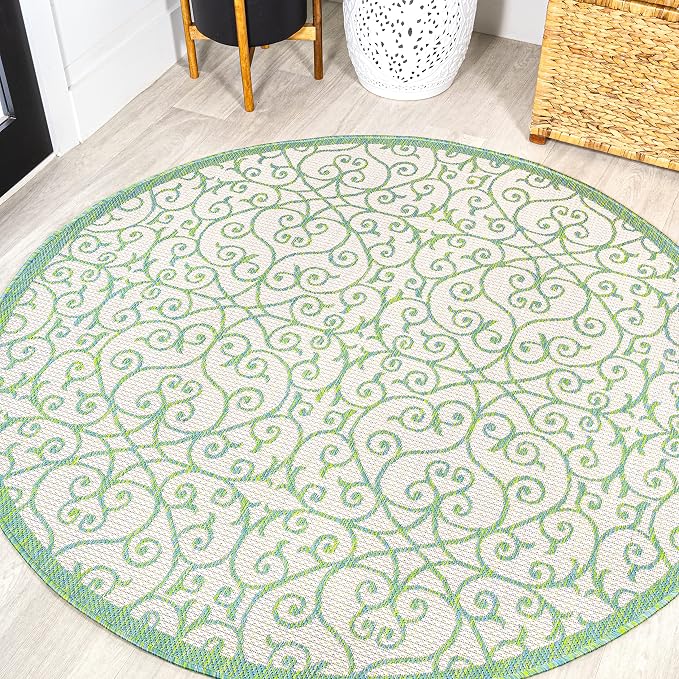 JONATHAN Y Vintage Filigree Indoor Outdoor Round Area Rug 5 Ft Cream/Green, Madrid Textured Weave for Backyard, Patio, Porch, Easy-Cleaning, High Traffic, Pet-Friendly, Non-Shedding (SMB107J-5R)