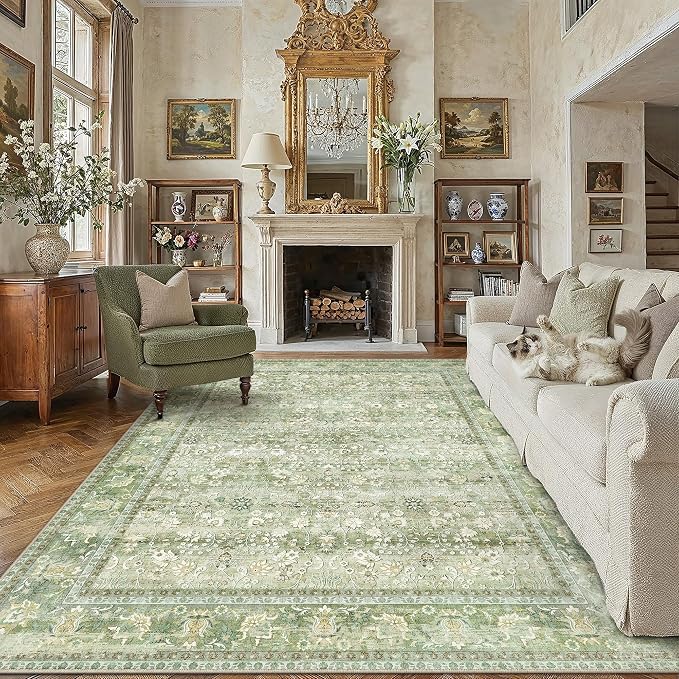 HUGEAR 9x12 Machine Washable Rugs Light Green Hallway Large Area Rug Indoor Accent Rug Floral Low Pile Carpet Soft Throw Aesthetic Rug Bedroom Living Room Office Dining Room Kitchen Laundry Room