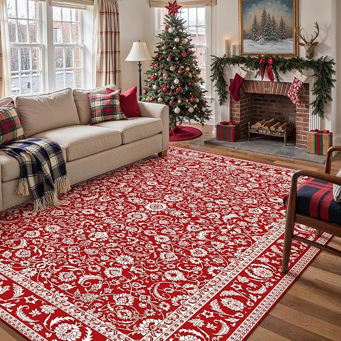 HUGEAR Vintage 8x10 Machine Washable Rugs Red Hallway Large Area Rug Indoor Accent Rug Floral Low Pile Carpet Soft Throw Aesthetic Rug Bedroom Living Room Office Dining Room Kitchen Laundry Room