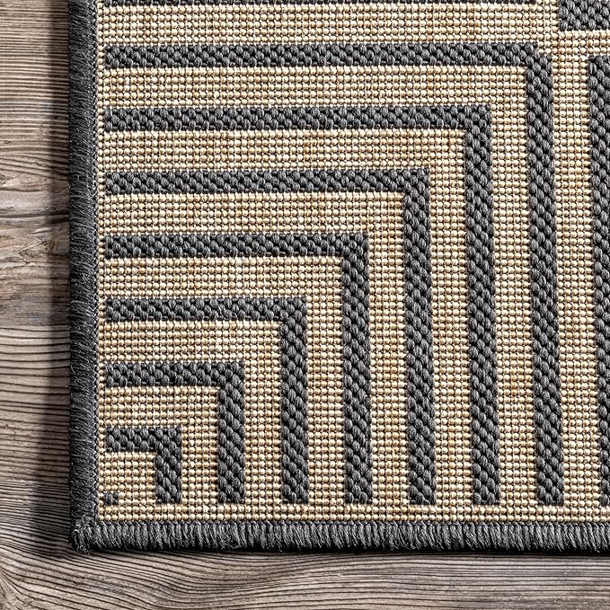 Nuloom Asha Dark Grey/Ivory, 8' Round, Casual, Striped Border, Soft and Cozy, High Traffic, Stain Resistant, Easy Clean, Durable Area Rug for Indoor/Outdoor Patio, Deck, Porch, Garden, Courtyard