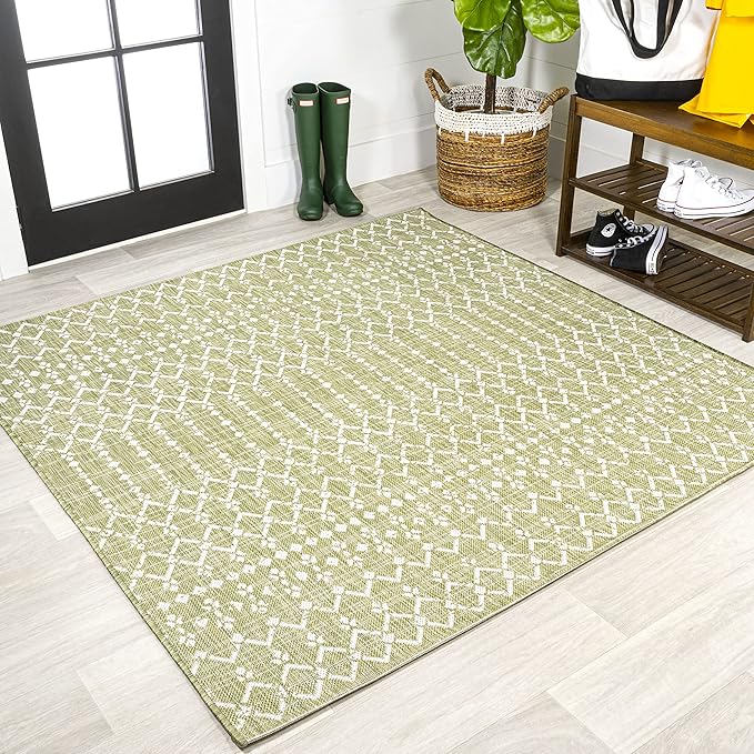 JONATHAN Y Moroccan Geometric Indoor Outdoor Square Area Rug 5X5 Light Green/Cream, Ourika Textured Weave for Backyard, Patio, Porch, Easy-Cleaning, Pet-Friendly, Non-Shedding (SMB108N-5SQ)