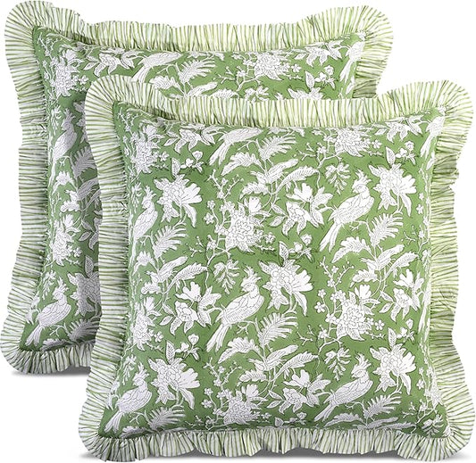 CPC Olive Green Ruffle Throw Pillow Covers for Couch, 18x18 Inch Cotton Stripe Ruffle Couch Pillows for Living Room, Hidden 14 Inch Zipper Boho Pillow Case or Cute Outdoor Pillows