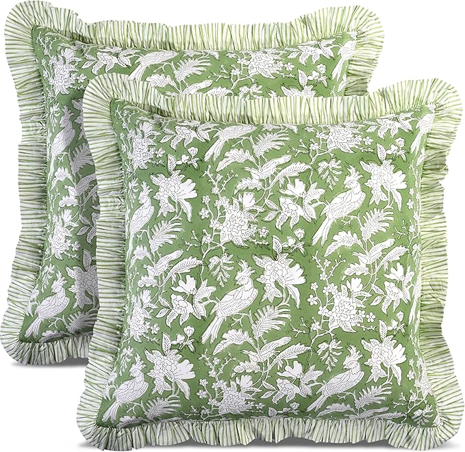 CPC Olive Green Ruffle Throw Pillow Covers for Couch, 20x20 Inch Cotton Stripe Ruffle Couch Pillows for Living Room, Hidden 16 Inch Zipper Boho Pillow Case or Cute Outdoor Pillows
