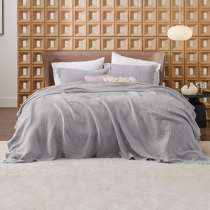 Bedsure 100% Cotton Blanket Full Size for Bed - Breathable and Soft for Summer, Thick Cozy Waffle Weave Blanket Gifts for Women, Grey, 80x90 Inches
